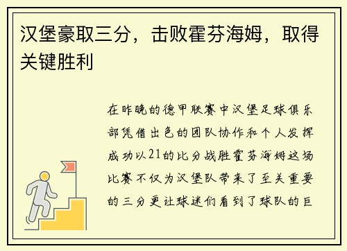汉堡豪取三分，击败霍芬海姆，取得关键胜利